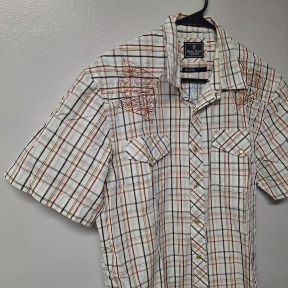 Marc Ecko Snap Down Shirt Short Sleeve Embroidered Mens Large Card Suite Poker T - Picture 3 of 13